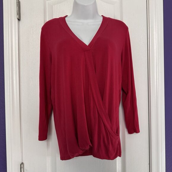 Charming Charlie Red Wrap Blouse 3/4 Sleeve Elastic Waist Top Shirt Size Large - Picture 1 of 11